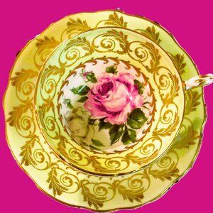Foley EB large cabbage rose on lime green & white vtg tea cup made in England